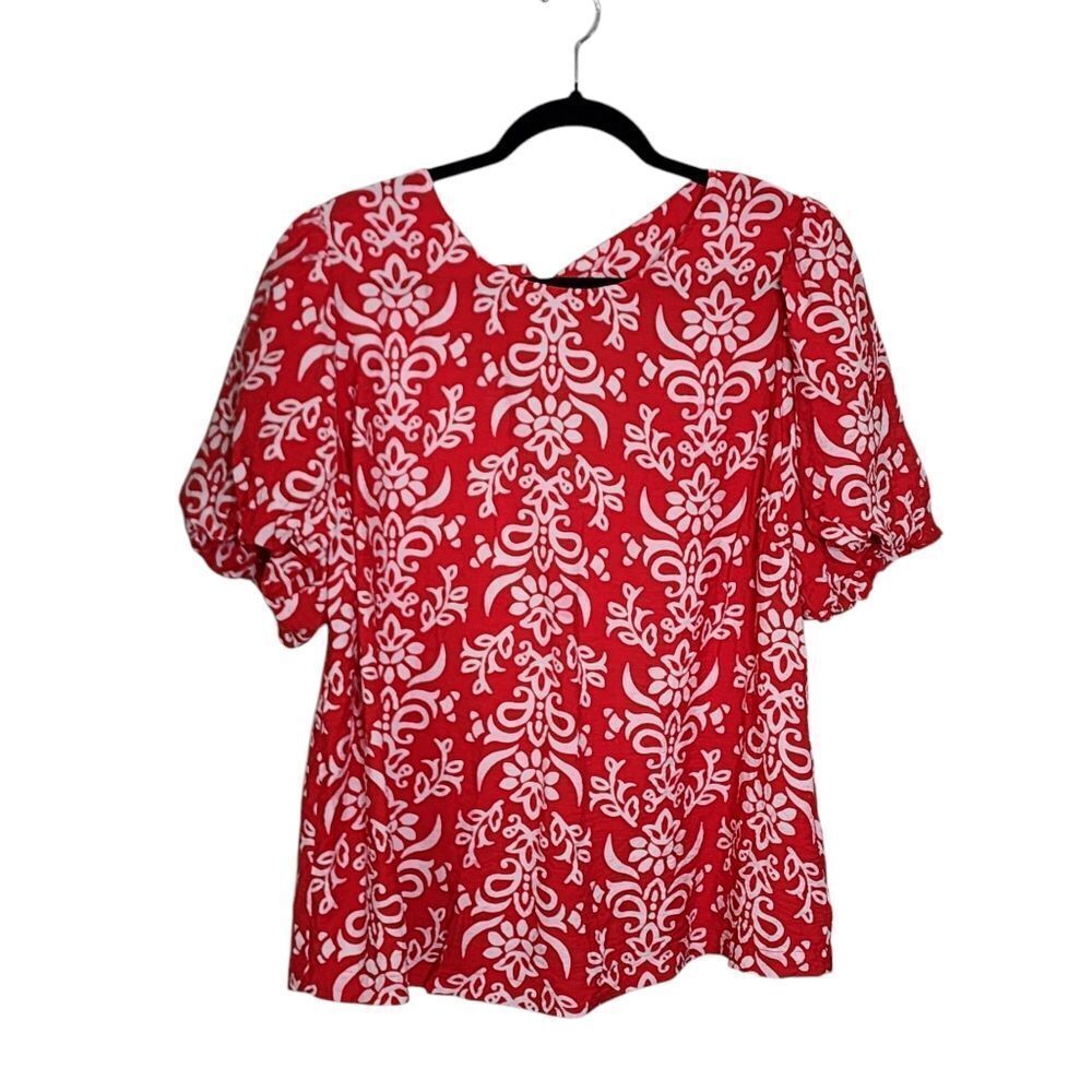 Skies Are Blue Top 1X Red White Puff Sleeve Tie Back